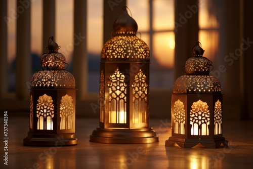 Ramadan Glowing background with mosque and lantern, Holy Ramadan Kareem moonfor Muslims.
 photo