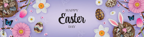 easter banner with chocolate eggs in a nest and flowers #737340546