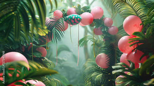 arco com balões rosa e verdes tema aniversário de menina plantas tropicais  photo