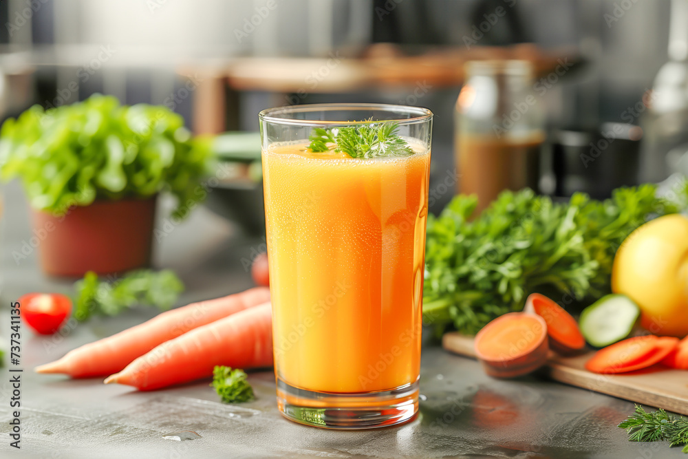 Glass with fresh carrots juice on marble kitchen table with vegetables against blurred interior background. Healthy food. Concept of vegan or vegetarian or raw food diet and detox Glass with fresh carrots juice on marble kitchen table with vegetables against blurred interior background. Healthy food. Concept of vegan or vegetarian or raw food diet and detox