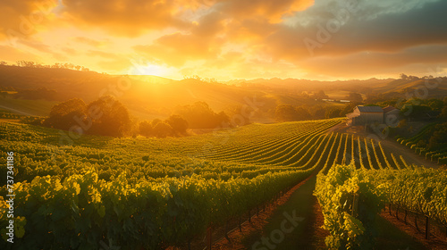 A golden sunset casts warm light over a lush green vineyard. The sky is filled with clouds and the sun is bright yellow. © wing