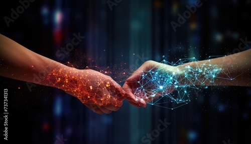 Hands touching science and network connection and data exchanges on glitter bright lights colorful background