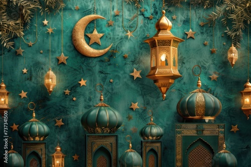 A display of Islamic architecture with intricate lanterns and celestial motifs on a turquoise backdrop.
