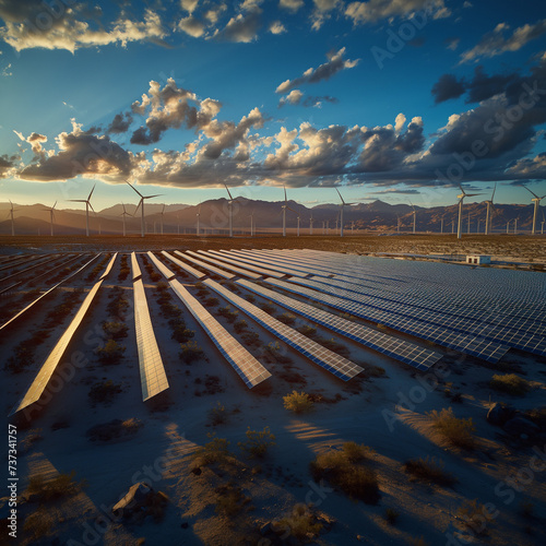 Solar and Wind Farm In Desert. Solar panels lined on the ground with wind turbines renewable energy