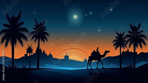 Man riding camel in desert night with mosque