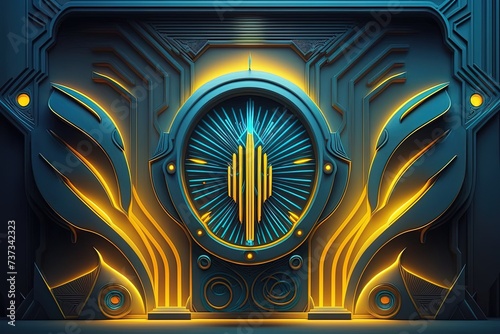 Neon Stage futuristic sci fi blue yellow glowing, Neon portal, door in space ship