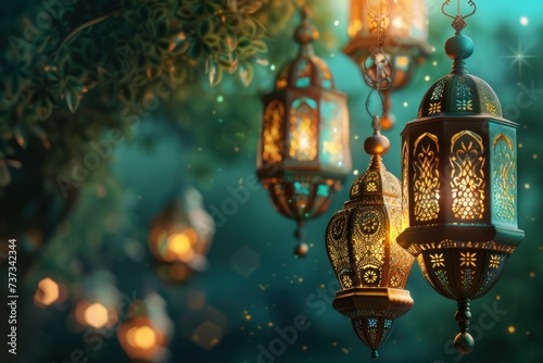 Illuminated Moroccan lanterns casting a warm glow in a mystical, enchanted forest setting.