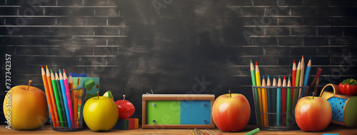 Zurück in die Schule, Kreidetafel mit bunter Kreide, Buntstiften und anderen Schulsachen, Konzept Schulanfang, Einschulung