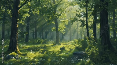A serene forest glade with morning sunlight filtering through the trees, capturing the beauty and tranquility of nature