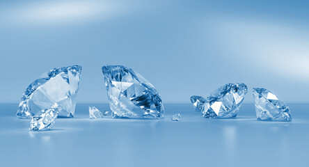 classic-cut diamonds on a blue background. 3d render illustration