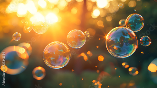 Soap bubbles floating in the air with a sunlit background. 