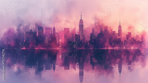 Cityscape with buildings in the foreground in purple colors