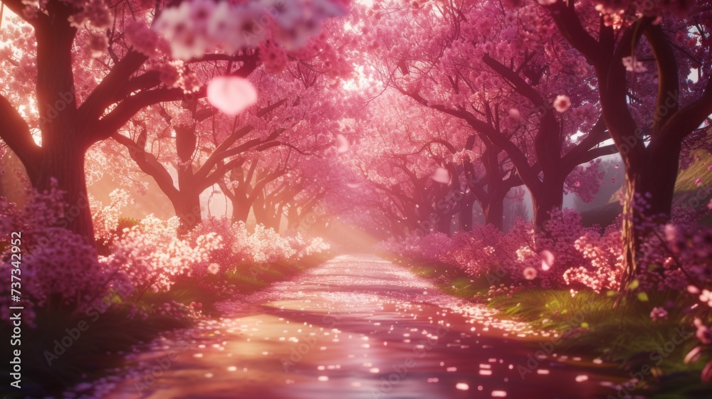 Enchanted pathway under a canopy of pink cherry blossoms
