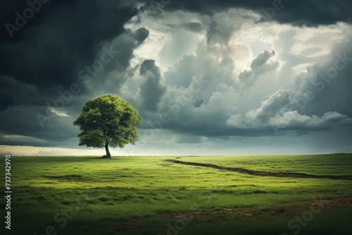 Grassy landscape with a tree and raincloud