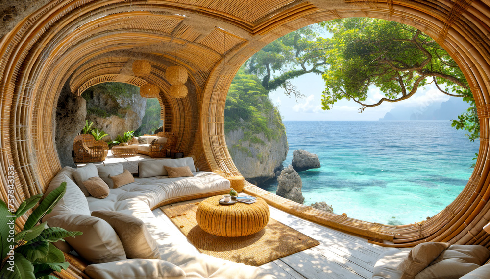 Obraz premium Eco-friendly igloo hotel crafted from sustainable materials like bamboo and recycled glass. Panoramic Ocean View