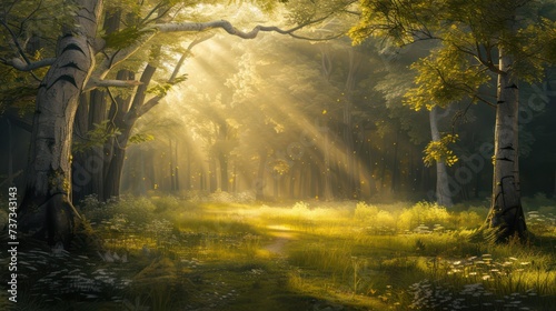Morning sunlight filtering through the trees, a serene forest glade captures the beauty and tranquility of nature.