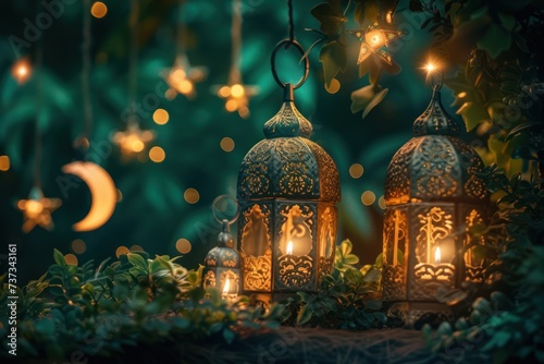 Warm candlelit Ramadan lanterns and hanging stars create a magical scene in a mystical garden at dusk.