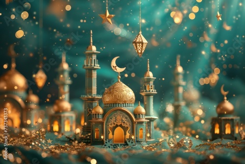 A miniature golden mosque surrounded by sparkling stars and crescents in a magical, festive atmosphere.
