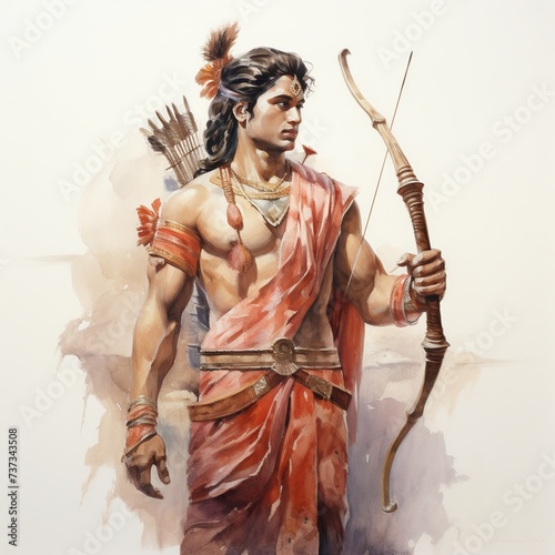 illustration of lord ram holding bow and arrow watercolor, Generative ai