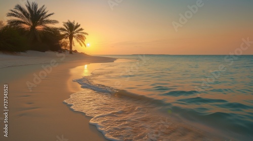 An awe-inspiring World Ramadan (Begins) landscape, showcasing a pristine beach at dawn, with golden sunlight