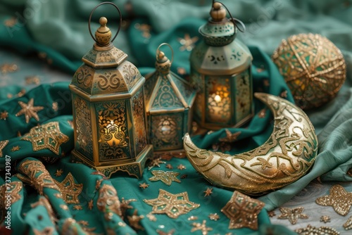 A serene display of traditional Islamic lanterns, a crescent moon, and ornate fabrics in a harmonious arrangement.