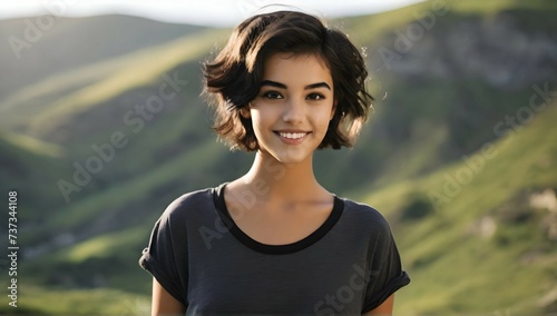 beautiful girl standing with beautiful vally in background, age 20, black short hair, waist shot, dynamic pose, smiling, dressed in fashion outfit, beautiful eyes, sweet makeup, 35mm lens photo