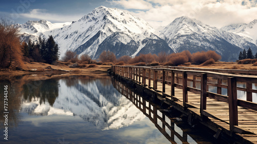  old wooden bridge on the reflection of Blur snow