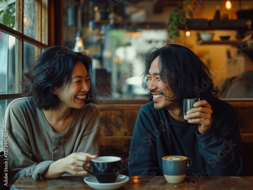 A happy Asian couple on a date in a cafe restaurant. A man and a woman are drinking coffee in a coffee shop.