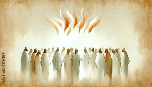 Pentecost Sunday: The Holy Spirit Comes as Tongues of Fire. Digital illustration of the Holy Spirit descending on the believers. Rear view. photo