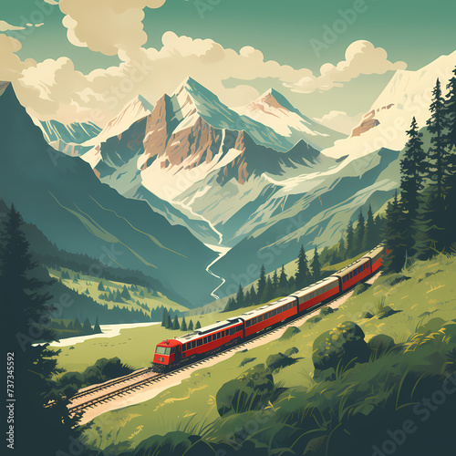 Vintage-style travel poster featuring a picturesque mountain scene.