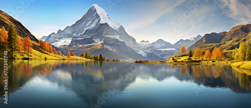 Panoramic morning view of Bach alp lake