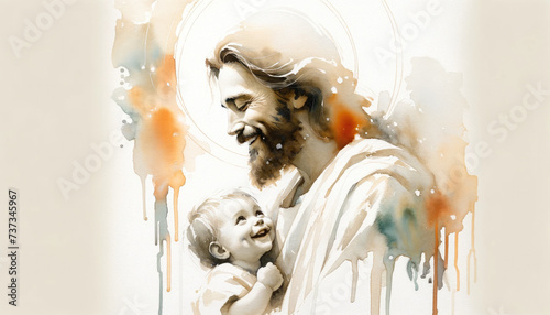 Digital painting of Jesus Christ with a child in his arms. photo