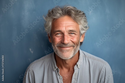 Stylischer älterer Mann, gutaussehender und sportlicher Mann, graue Haare und lachen