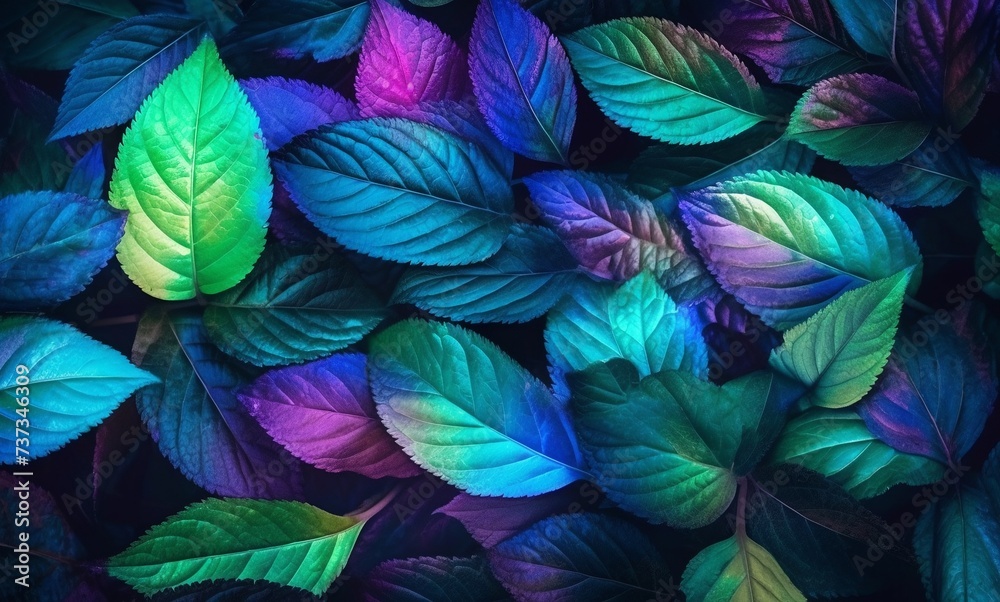 Colorful leaves background, neon blue and pink abstract leaves