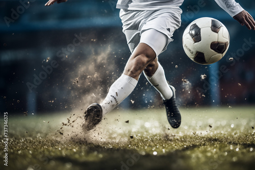 Konzept Action Fußball, Fußballspieler rennt dem Ball hinterher, Dynamische Bewegung, Schuss aufs Tor