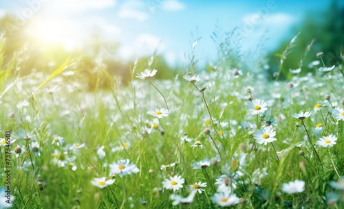 Field of daisies in green grass, closeup of summer flowers