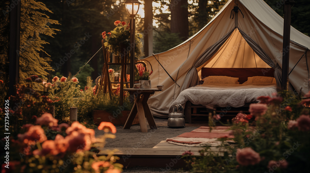 Glamping - noclegi w namiotach, jurtach lub tipi pośród natury do wynajęcia na weekend lub wakacje. Nowy sposób na camping w plenerze. - obrazy, fototapety, plakaty 