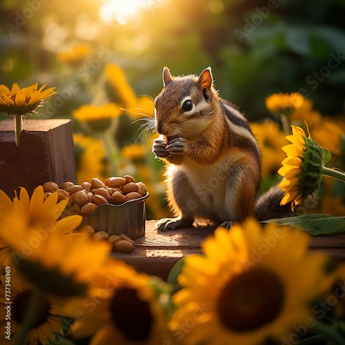 illustration of photo of chipmunk eating sunflower seeds in garden, Generative ai