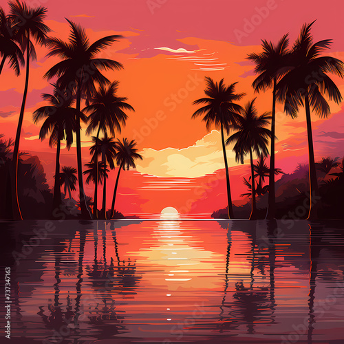 Tropical palm trees against a pink and orange sunset