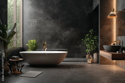 Modern stylish bathroom with white toilet bathtub and dark gray walls in a minimalist style at simple apartment of hotel room or spa center. Interior design concept
