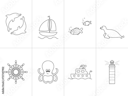 Set of eight coloring pages. Sea Theme. Vector illustration. Set No. 1.