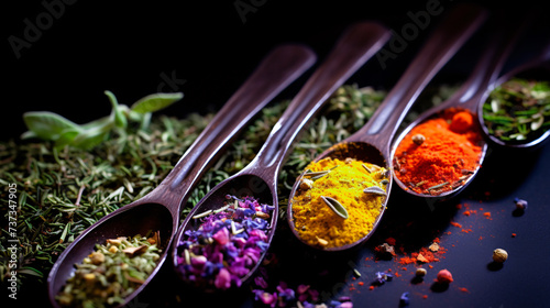 Various herb and spice on spoon photo