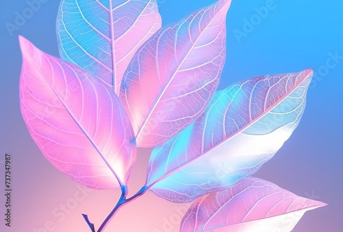 Colorful leaves background, neon blue and pink abstract leaves