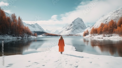 a person in an orange coat standing in the snow near a lake with mountains in the background and snow on the ground. © Olga
