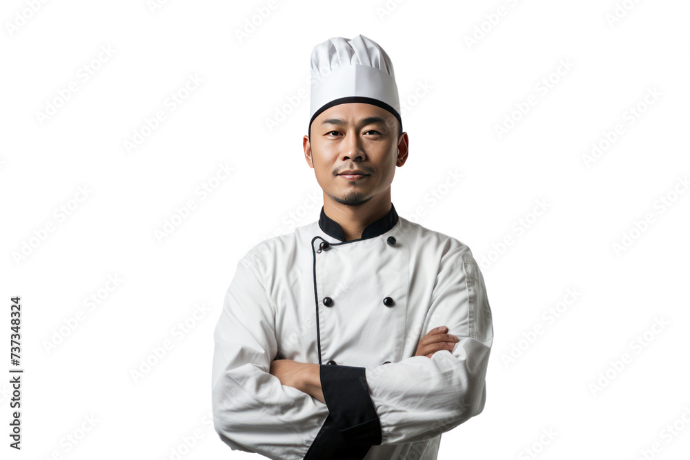 Asian male chef isolated on transparent white background.