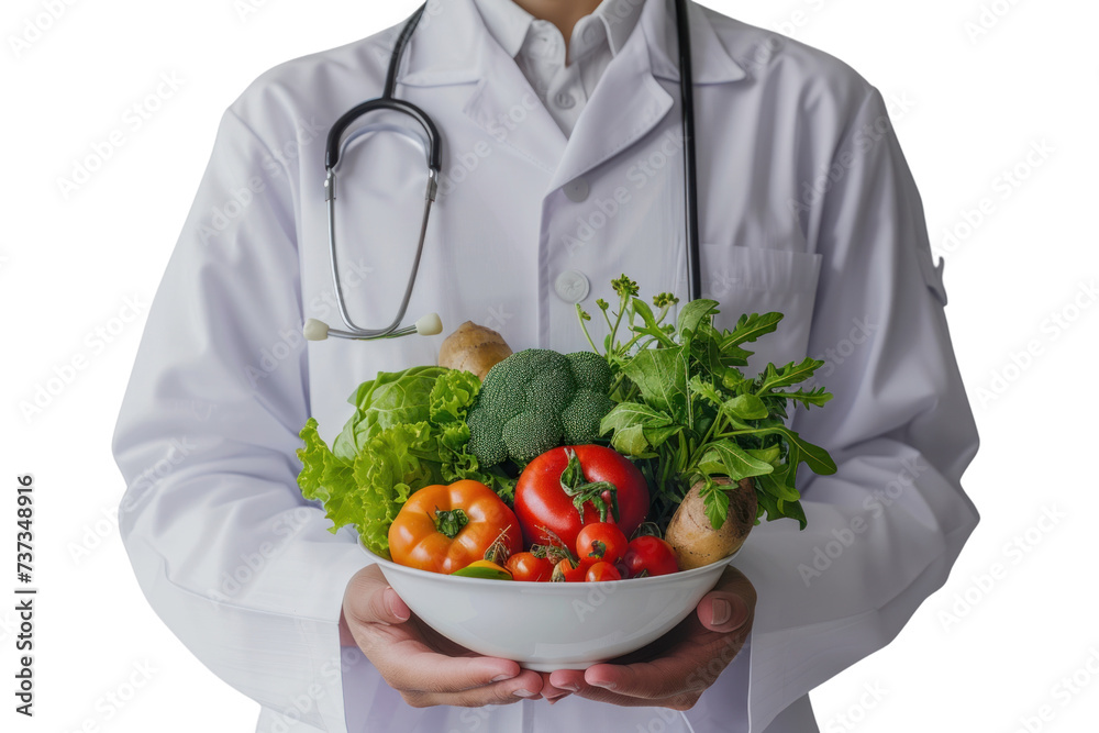 Doctor wearing a white uniform holds a bowl of healthy food that promotes nutrition, isolated on a transparent white background. Doctor wearing a white uniform holds a bowl of healthy food that promotes nutrition, isolated on a transparent white background.