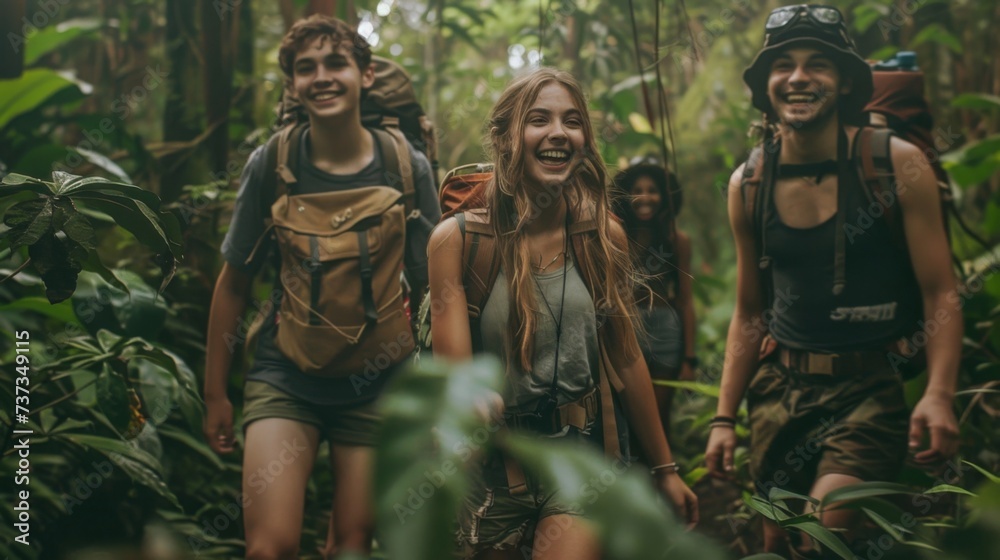 young girls and guys adventurer smiling and walking in the middle of a jungle, cinematic, jungle, travel, nature, adventure