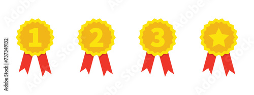 A set of gold medals with an asterisk and the numbers one, two, three, decorated with red ribbons. Gold medals of the winners, simple illustration.