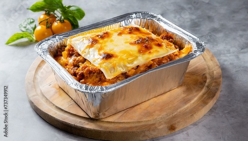 Lasanha à bolonhesa em uma embalagem para delivery sobre uma tábua de madeira. Comida italiana, massa, molho de tomate, carne.