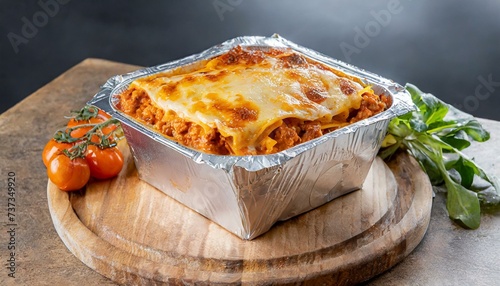 Lasanha à bolonhesa em uma embalagem para delivery sobre uma tábua de madeira. Comida italiana, massa, molho de tomate, carne. photo